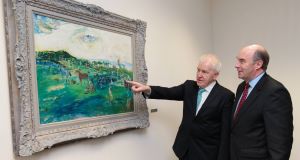 Arts Minister Jimmy Deenihan with AIB Chairman David Hodgkinson viewing Jack B.Yeats A Race in Hy Brazil. Picture: Maxwells Arts Minister Jimmy Deenihan with AIB Chairman David Hodgkinson viewing Jack B.Yeats A Race in Hy Brazil. Picture: Maxwells