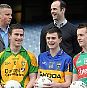 Patrick McBrearty, Donegal, left, Michael Quinlivan, Tipperary, centre, and Cillian OConnor, Mayo, with Cadbury Hero of the Future Judges, back row, Paul Caffrey, left, Dermot Earley, centre, and Micheál Ó Domhnaill. Pic: Sportsfile