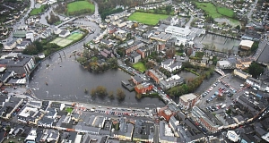 An aerial view of the flooding in Ennis town centre in county Clare, Ireland. Pic: PA