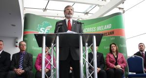 Sinn Féin president Gerry Adams at the Belfast Waterfront Hall for the launch of the partys Assembly election campaign. Sinn Féin president Gerry Adams at the Belfast Waterfront Hall for the launch of the partys Assembly election campaign.