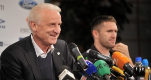 Republic of Ireland manager Giovanni Trapattoni with captain Robbie Keane during a press conference in Paris tonight. Picture: SPORTSFILE