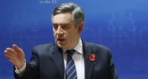 Gordon Brown speaks during a media conference at an EU summit in Brussels today.