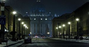 A view of a street leading to St. Peters Square during a snowstorm in Rome in the early hours of today. Pic: AP A view of a street leading to St. Peters Square during a snowstorm in Rome in the early hours of today. Pic: AP
