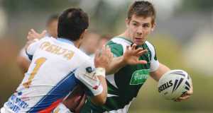 Irelands James Coyle is tackled by Serbias Ivan Susnjara.