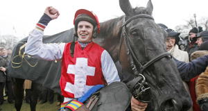 Alain Cawley celebrates with Joncol after winning the Hennessy Gold Cup at Leopardstown. Alain Cawley celebrates with Joncol after winning the Hennessy Gold Cup at Leopardstown.