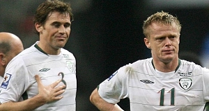 Kevin Kilbane and Damien Duff stand dejected after last nights defeat.