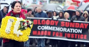 Linda Nash (front), who lost her brother William on Bloody Sunday, leads the protest parade in Derry, to mark the 40th anniversary of Bloody Sunday.