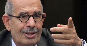 Egyptian pro-democracy advocate Mohamed ElBaradei, former chief of UN nuclear watchdog agency and Egypts reformist leader, talks to media in Cairo, Egypt today. Egyptian pro-democracy advocate Mohamed ElBaradei, former chief of UN nuclear watchdog agency and Egypts reformist leader, talks to media in Cairo, Egypt today.