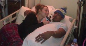 Cannon in hospital last month, with Carey by his side. Cannon in hospital last month, with Carey by his side.