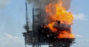 The West Atlas oil rig is seen burning about 250kms off Australias northwest coast.