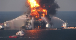 The Deepwater Horizon rig ablaze before it sunk last week in the Gulf of Mexico.