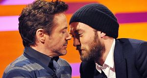 Robert Downey Jr (left) and Jude Law, during filming of The Graham Norton Show.