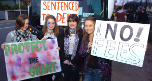 UCC students Hannah McGillycuddy, Joanne Tuohy, Sinead Reidy and Annemarie Harte boarding buses to Dublin to join a national student protest in the capital today. Picture: Larry Cummins