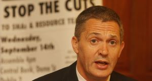 Head teacher Tomas O Dulaing speaking at a press conference held by the Alliance  against Cutbacks in Education (ACE) at Buswell